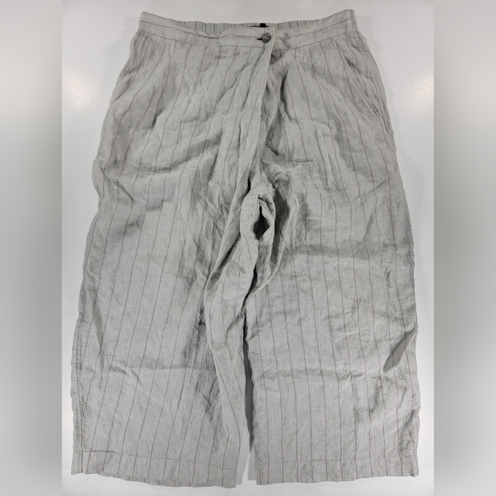 OSKA Linen Ultra Wide-Leg Gaucho Pants Cropped Gray Striped Womens 3 High Rise